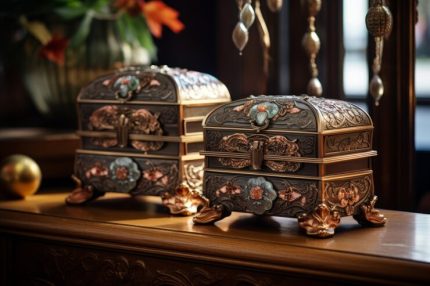 Carved Walnut Jewellery Box with Brass Inlay